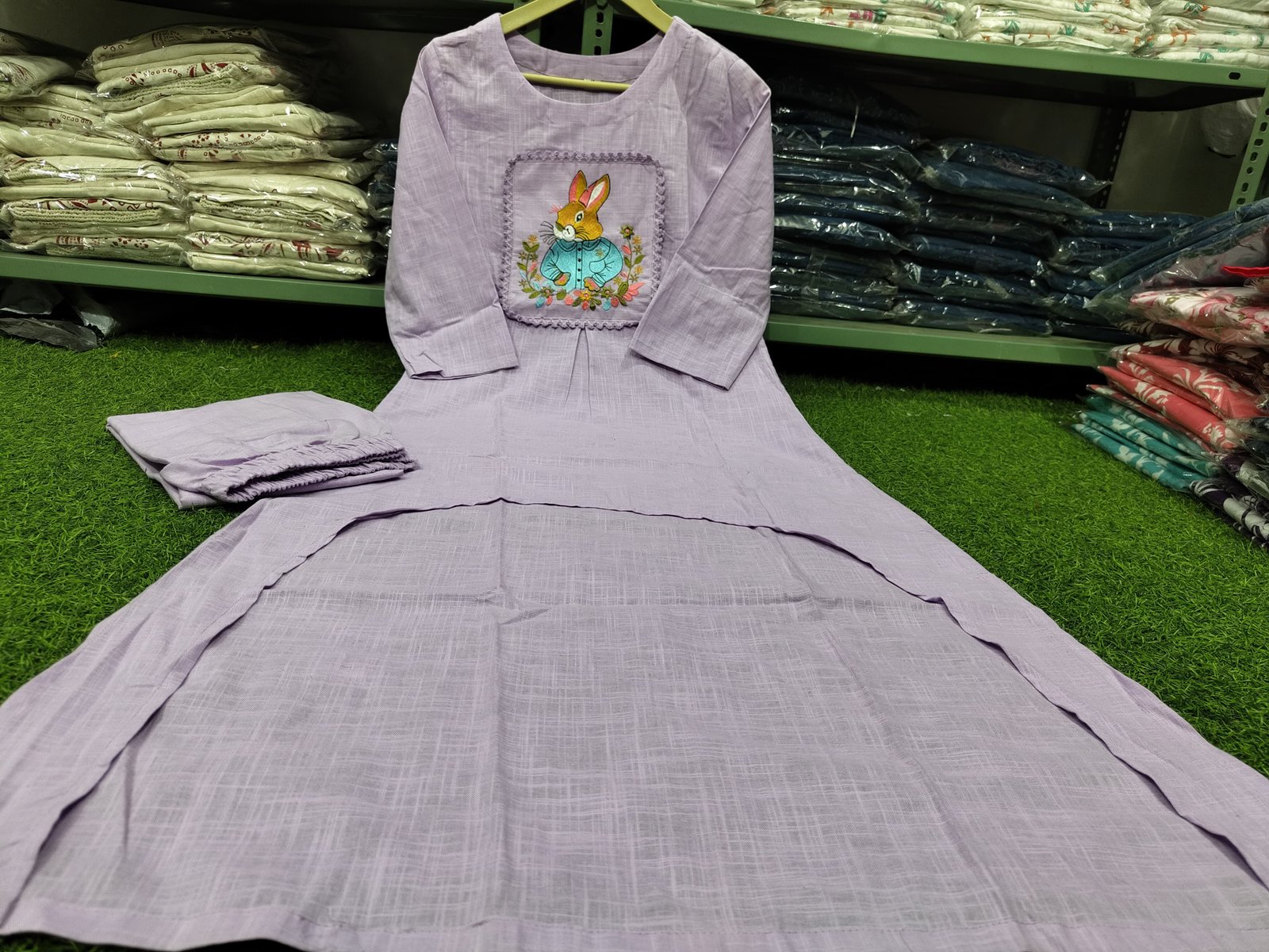 Purple Cotton Slub Embroidered Tunic Set